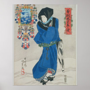 Japanse vrouw in sneeuw (kleurenhoutblokdruk poster
