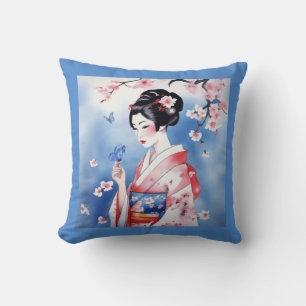 Japanse vrouw met een blauwe vlinder kussen