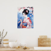 Japanse vrouw met een blauwe vlinder poster (Keuken)