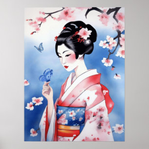 Japanse vrouw met een blauwe vlinder poster
