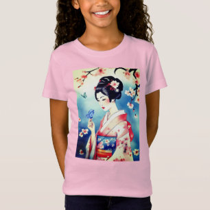 Japanse vrouw met een blauwe vlinder t-shirt