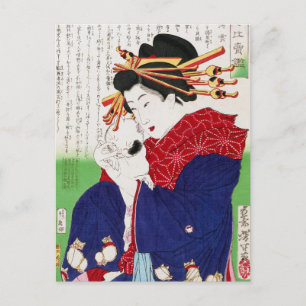 Japanse vrouw met een kat, Tsukioka Yoshitoshi Briefkaart