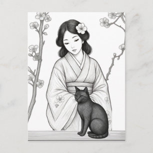 Japanse vrouw met zwarte kat briefkaart