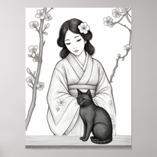 Japanse vrouw met zwarte kat poster