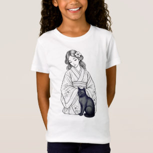 Japanse vrouw met zwarte kat t-shirt