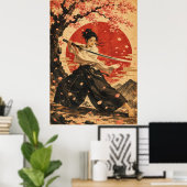 Japanse vrouw rode zon portret poster (Thuiskantoor)