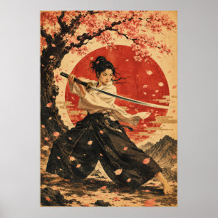 Japanse vrouw rode zon portret poster