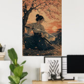 Japanse vrouw rode zon portret poster (Thuiskantoor)
