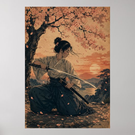 Japanse vrouw rode zon portret poster (Voorkant)