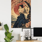 Japanse vrouw rode zon portret poster (Thuiskantoor)
