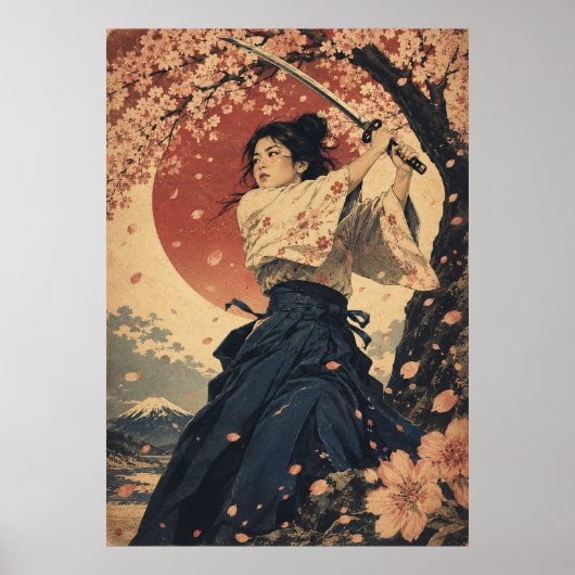 Japanse vrouw rode zon portret poster (Voorkant)