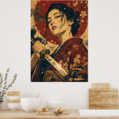 Japanse vrouw rode zon portret poster (Keuken)
