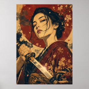Japanse vrouw rode zon portret poster