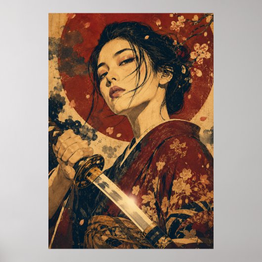 Japanse vrouw rode zon portret poster (Voorkant)