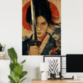 Japanse vrouw rode zon portret poster (Thuiskantoor)