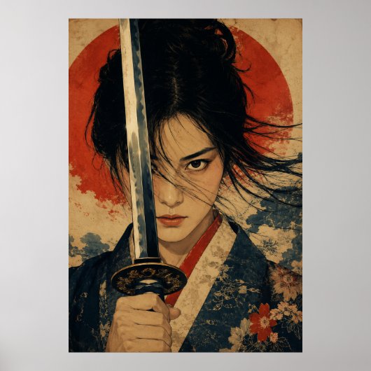 Japanse vrouw rode zon portret poster (Voorkant)