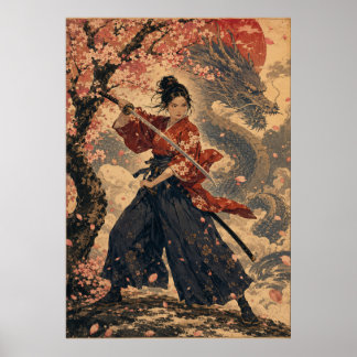 Japanse vrouw rode zon portretposter poster