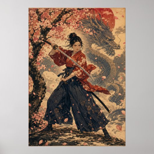 Japanse vrouw rode zon portretposter poster (Voorkant)