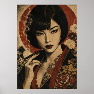 Japanse vrouw rode zon portretposter poster
