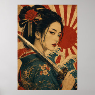 Japanse vrouw rode zon portretposter poster