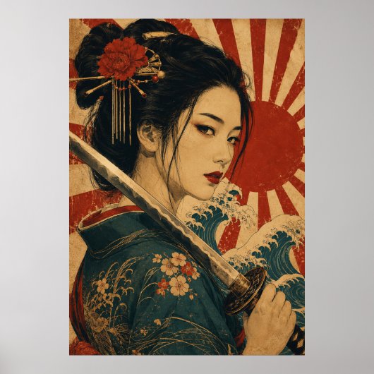 Japanse vrouw rode zon portretposter poster (Voorkant)