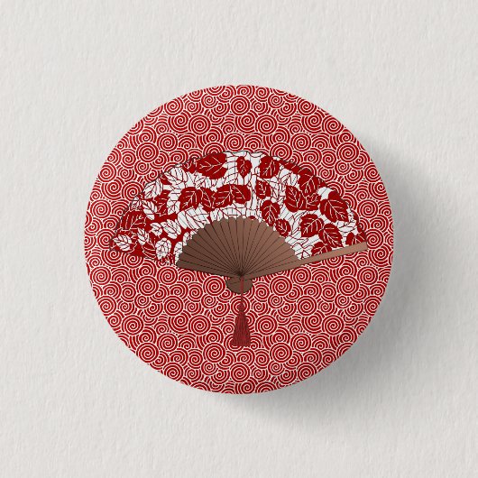 Japanse waaier in bladendruk, donkerrood en wit ronde button 3,2 cm (Voorkant)