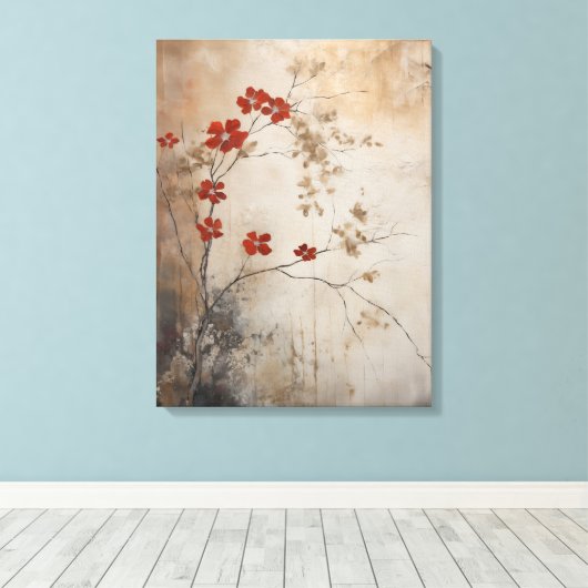 Japanse wabi sabi stijl rustieke rode bloesem canv canvas afdruk (Insitu (Houten vloer))