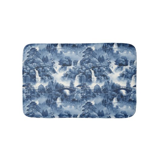 Japanse watertuin in een blauw wit porselein badmat (Voorkant)
