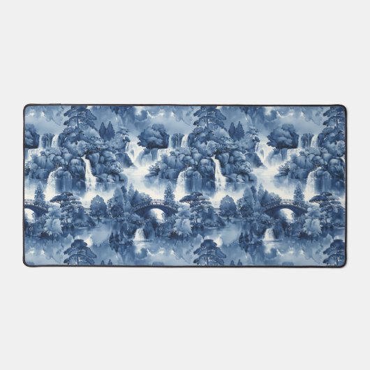 Japanse watertuin in een blauw wit porselein bureaumat (Voorkant)