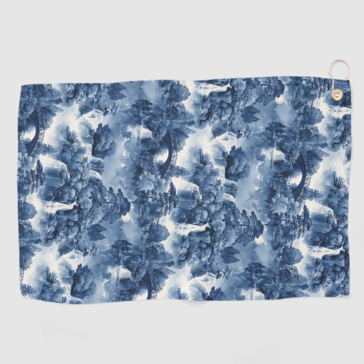 Japanse watertuin in een blauw wit porselein golfhanddoek (Horizontaal)