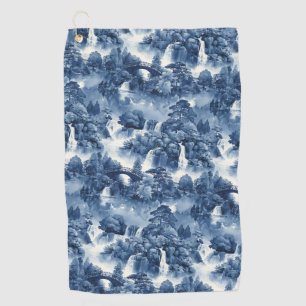 Japanse watertuin in een blauw wit porselein golfhanddoek