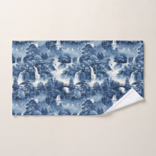 Japanse watertuin in een blauw wit porselein handdoek