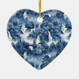 Japanse watertuin in een blauw wit porselein keramisch ornament