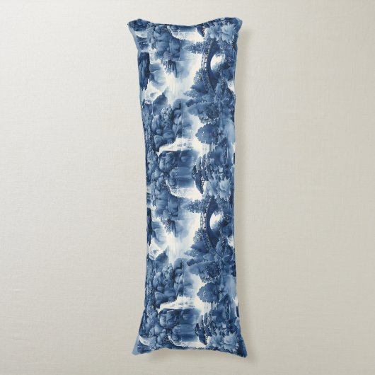 Japanse watertuin in een blauw wit porselein lichaamskussen (Voorkant Verticaal)