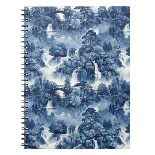 Japanse watertuin in een blauw wit porselein notitieboek (Voorkant)