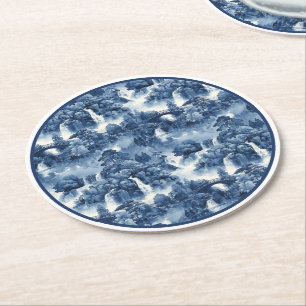 Japanse watertuin in een blauw wit porselein ronde kartonnen onderzetter