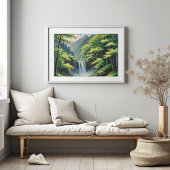 Japanse waterval in Natuur - Serene olieverfschild Poster