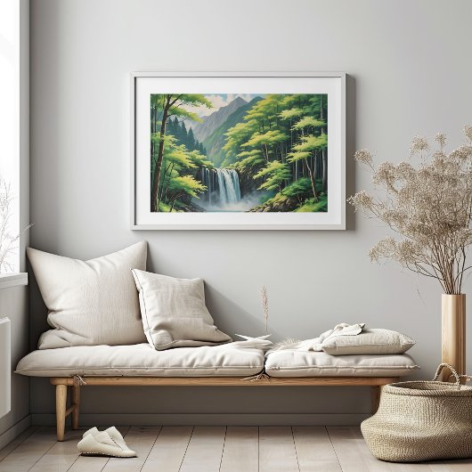 Japanse waterval in Natuur - Serene olieverfschild Poster