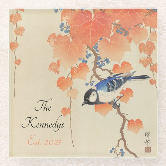 Japanse Waterverf  afdrukken met vogel Glazen Onderzetter (Voorkant)