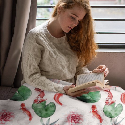 Japanse Waterverf Art Koi Fish Lotus Lily Pad Fleece Deken