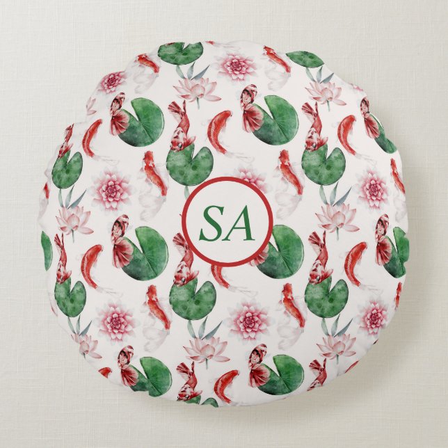 Japanse Waterverf Art Koi Fish Lotus Lily Pad Ro Rond Kussen (Voorkant)