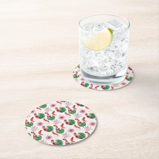 Japanse Waterverf Art Koi Fish Lotus Lily Pad Ronde Kartonnen Onderzetter (Insitu)