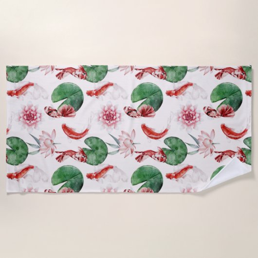 Japanse Waterverf Art Koi Fish Lotus Lily Pad Strandlaken (Voorkant)