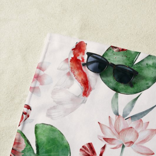 Japanse Waterverf Art Koi Fish Lotus Lily Pad Strandlaken (In situ)