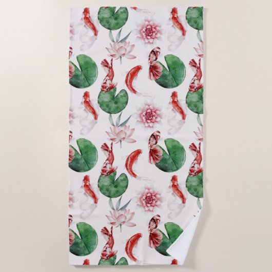 Japanse Waterverf Art Koi Fish Lotus Lily Pad Strandlaken (Voorkant)