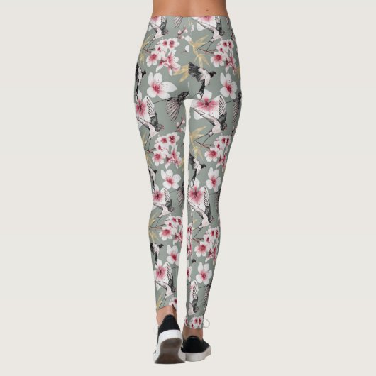 Japanse Waterverf Art Sakura Blossom Swallow Leggings (Achterkant)