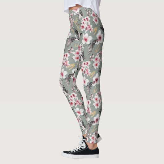 Japanse Waterverf Art Sakura Blossom Swallow Leggings (Links)