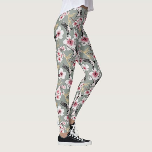 Japanse Waterverf Art Sakura Blossom Swallow Leggings (Rechts)