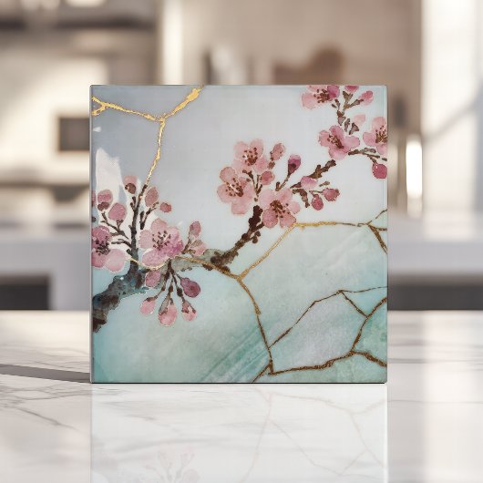 Japanse Waterverf Cherry Blossom Kintsugi Tegeltje