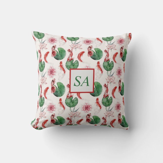 Japanse Waterverf Koi Fish Lotus Kussen (Voorkant)